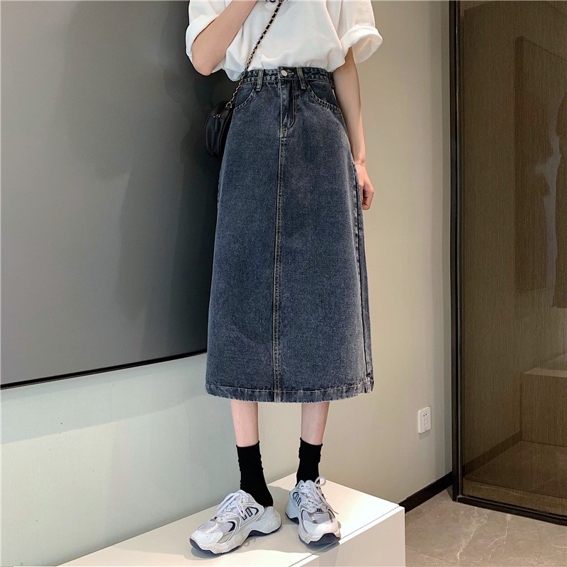 Kumivn Chân váy denim bò cạp cao dáng dài có nút chỉnh eo màu xám đen phong cách Hàn Quốc | WebRaoVat - webraovat.net.vn