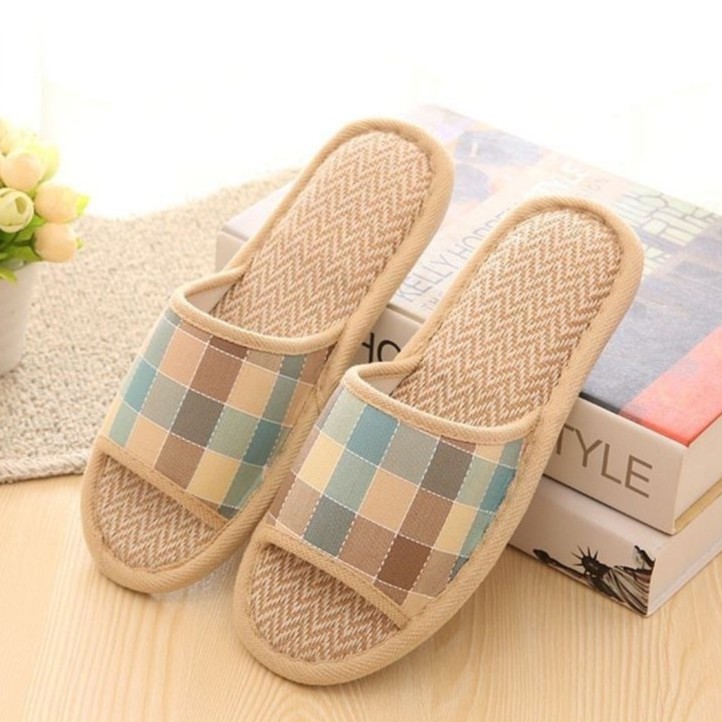 Dép lê nữ nam đi trong nhà phong cách Hàn Quốc, Dép vải kẻ caro đi văn phòng đế xốp siêu nhẹ, siêu êm DU3