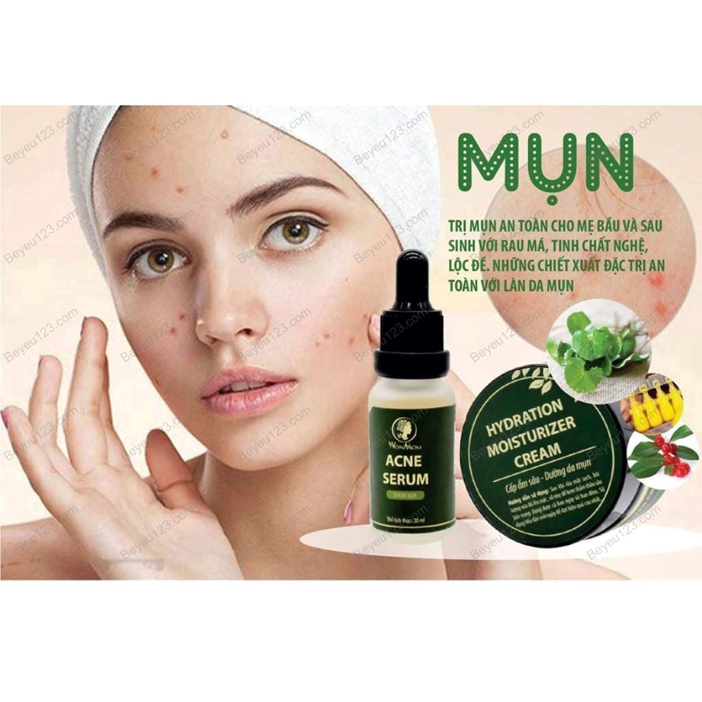 Combo Giảm mụn chuyên sâu Wonmom - an toàn cho Mẹ bầu và sau sinh (1 sửa mặt, 1 tẩy nghệ, 1 serum, 1 kem dưỡng)