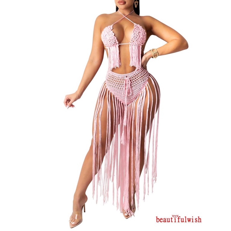 Bộ bikini đan len + quần lót tua rua dài thời trang đi biển mùa hè cho nữ
 | BigBuy360 - bigbuy360.vn