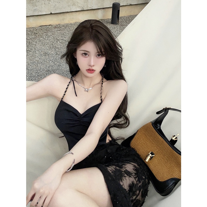 Set Áo Yếm Màu Đen + Chân Váy Hoa Lưng Cao Phong Cách Trung Hoa Thời Trang Mùa Hè Dành Cho Nữ