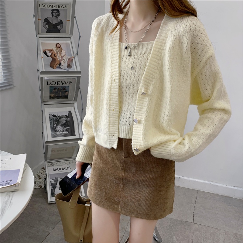 SUXI Set Áo Khoác Cardigan Và Áo Hai Dây Thiết Kế Mới Thời Trang Mùa Thu Dành Cho Nữ