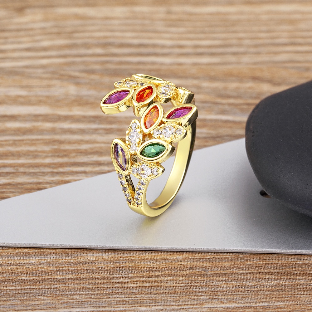 Nhẫn Hình Lá Đính Đá Zircon Nhiều Màu Sắc Có Thể Điều Chỉnh Kích Thước
