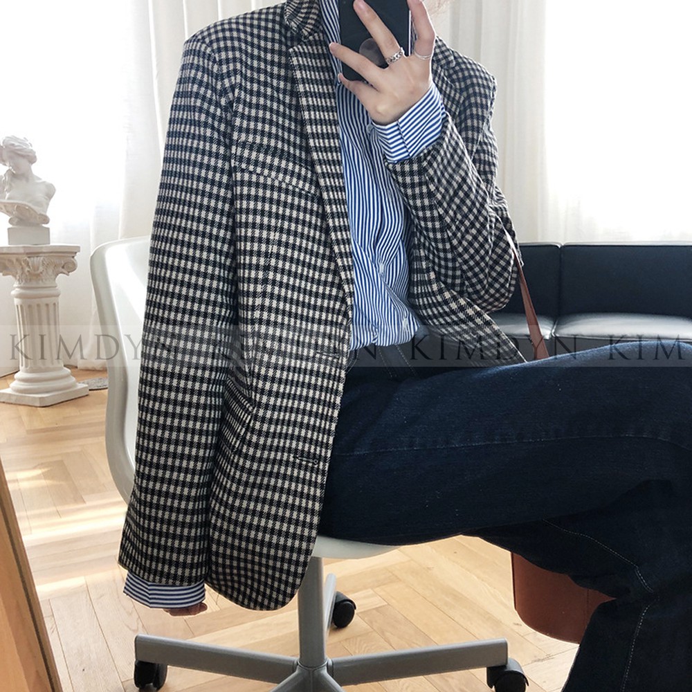 Áo blazer nữ Áo vest nữ form rộng họa tiết kẻ Gingham hai lớp KimDyn