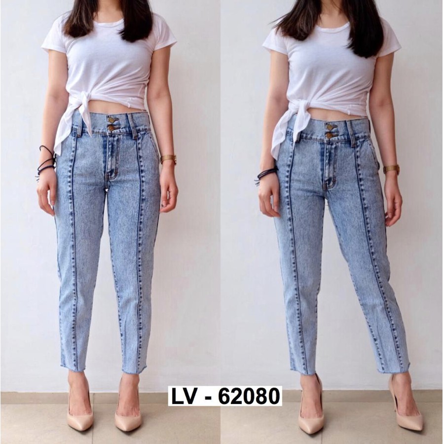Aa.fashion LY 62080 Quần Jean HW BOYFRIEND Vải Jean Có Hai Nút Dành Cho Nữ Tuổi Teen