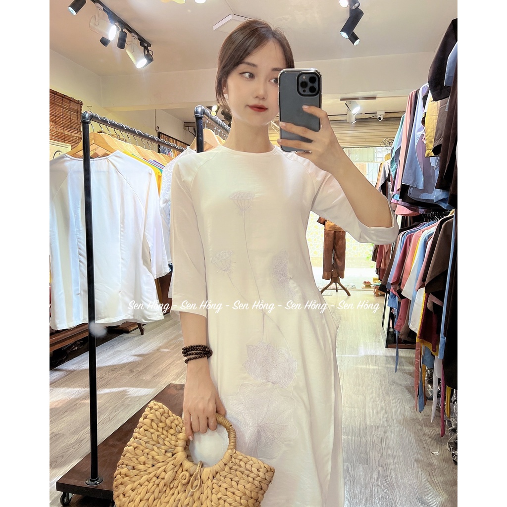 ÁO DÀI ĐI CHÙA # set áo dài cách tân 4 tà thêu hoa sen - vải lụa tuyết dày dặn cao cấp - Pháp Phục Sen Hồng
