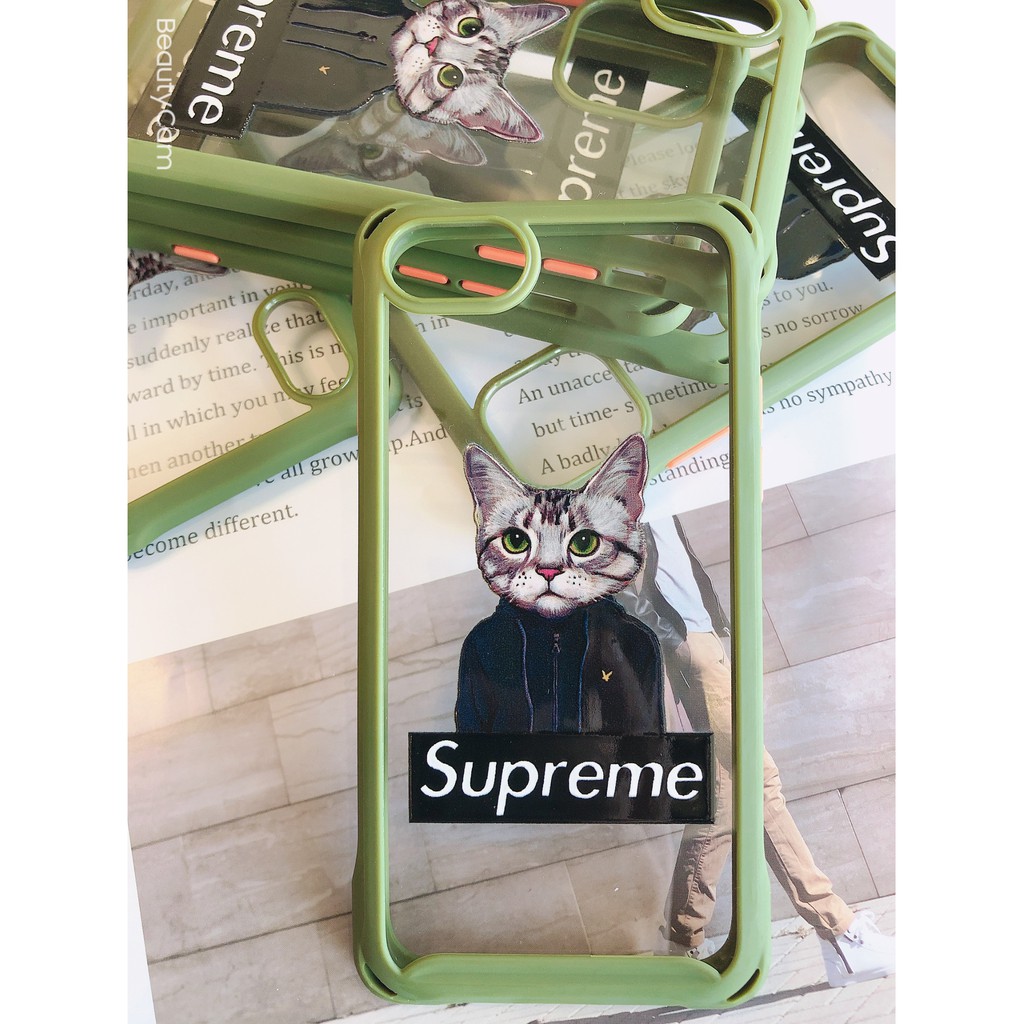 [Siêu rẻ] Ốp Lưng IPHONE Viền Xanh rêu In Mèo Supreme Bảo Vệ 4 góc full dòng 6/6s đến 11promax- H Case