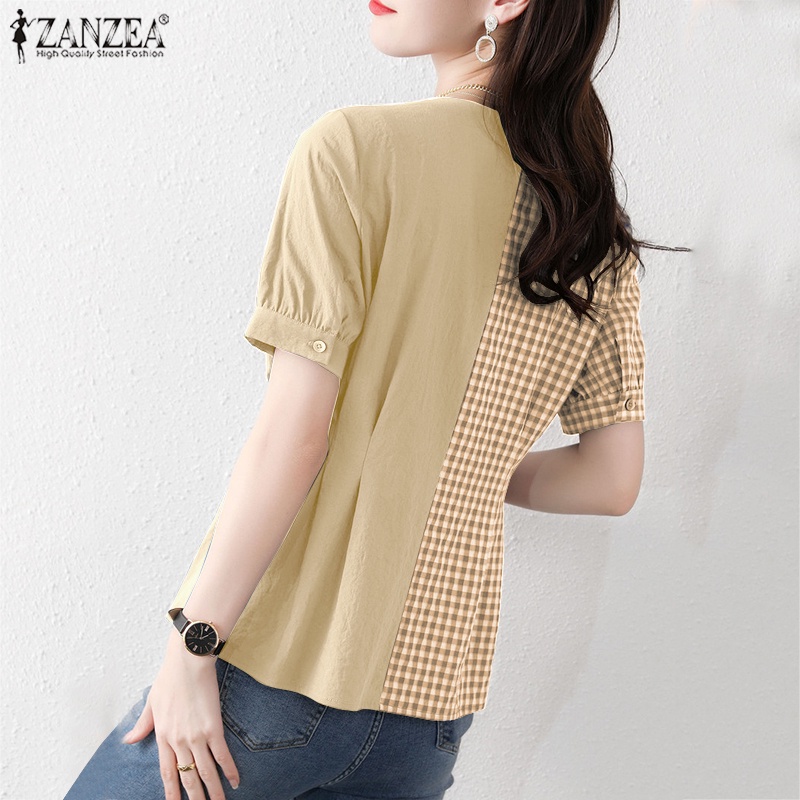 Zanzea Áo Sơ Mi Tay Ngắn Cổ Chữ V Họa Tiết Kẻ Ô Thanh Lịch Dành Cho Nữ