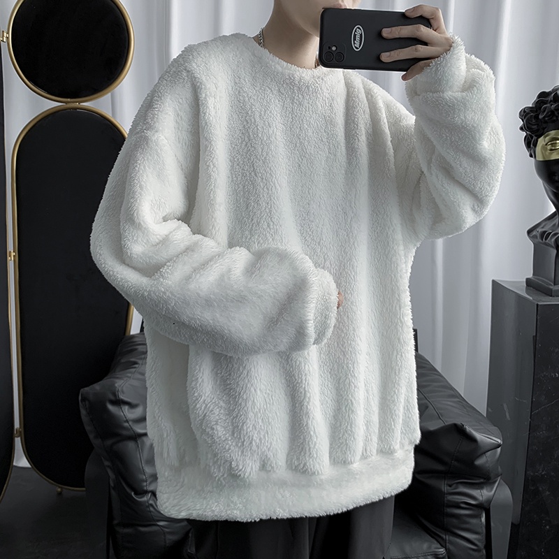 【S-3XL】Áo Sweater nỉ cổ tròn dáng rộng màu trơn giữ ấm mùa đông thời trang cho nam
