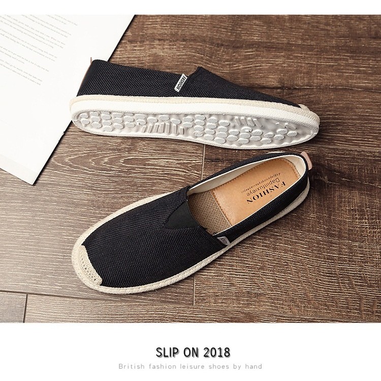 Slip on nam - Giày lười vải nam cao cấp - Vải bố màu đen, mũi cói - Mã SP 2905