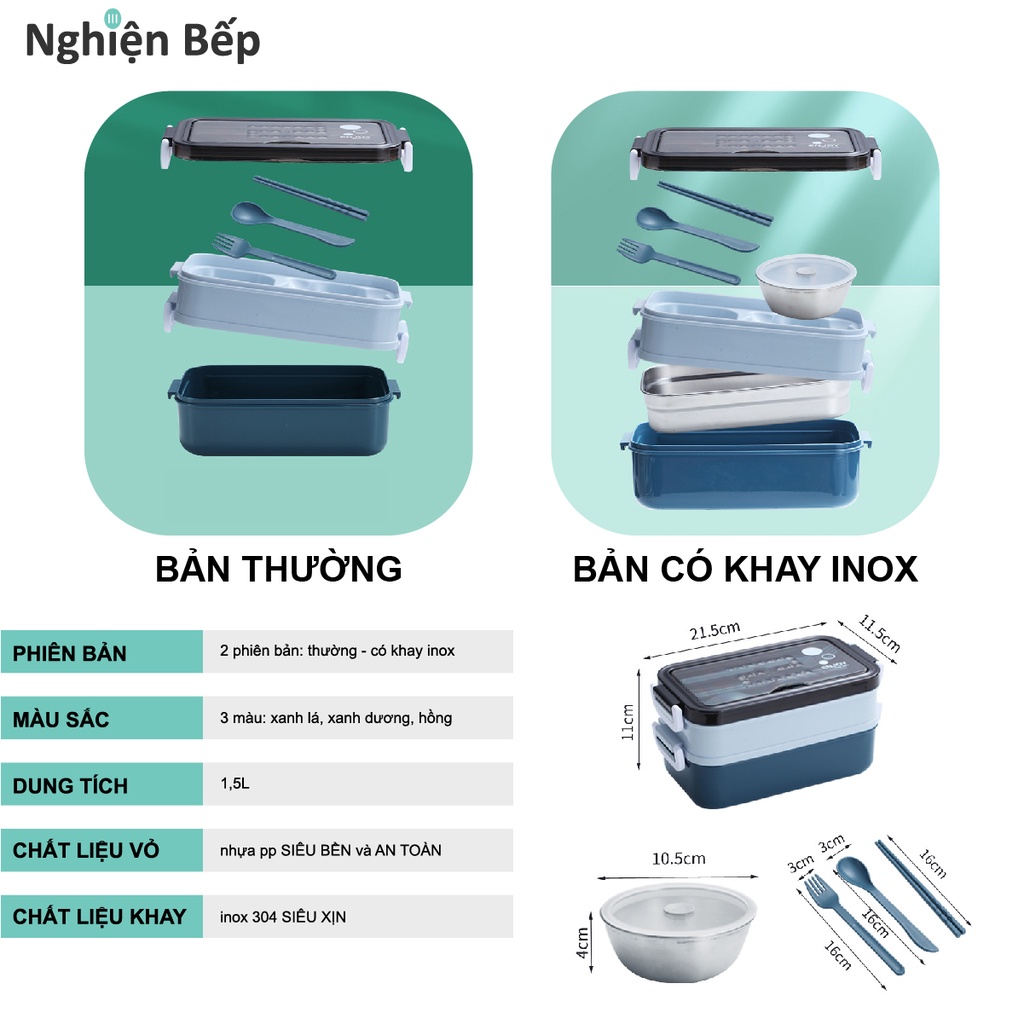Hộp cơm văn phòng giữ nhiệt Hàn Quốc khay inox 304 vỏ nhựa PP SIÊU BỀN CHÍNH HÃNG nghienbep.vn cặp lồng cơm cà mèn