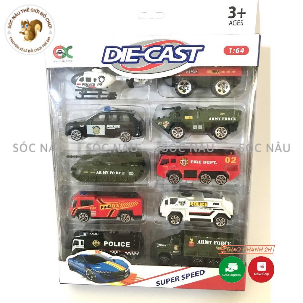Hộp 10 xe ô tô sắt đồ chơi xe cứu hỏa, cảnh sát, quân sự, máy bay, xe tăng siêu bền cho các bé Sóc nâu thế giới đồ chơi