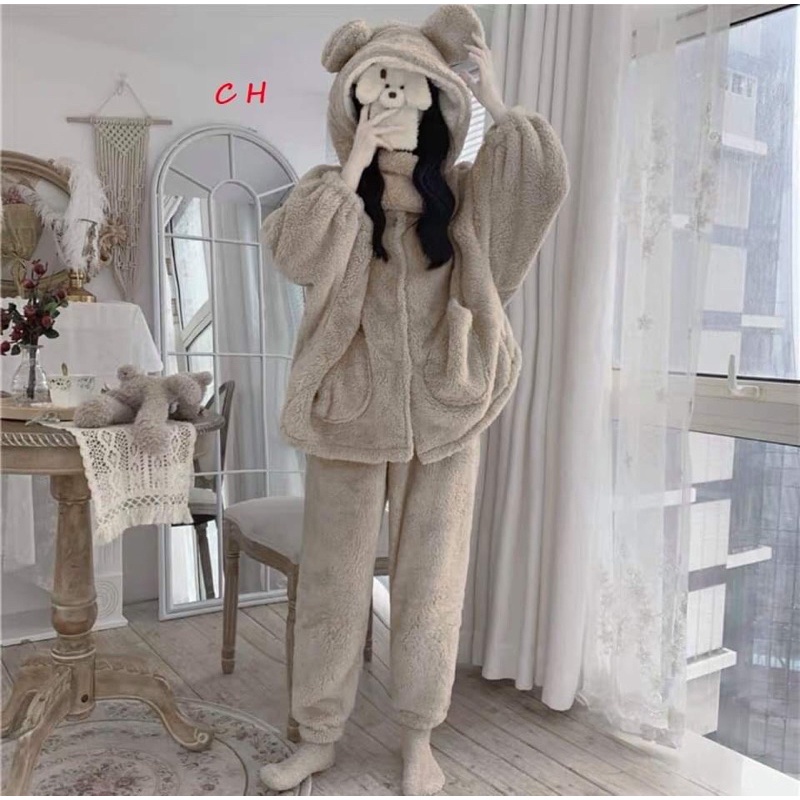 Bộ Lông Gấu có Túi Vòng Cổ mùa ĐôngĐồ nữ ngủ Ullzang☘️Lông cừu giữ nhiệt, dày dặn, set mặc nhà