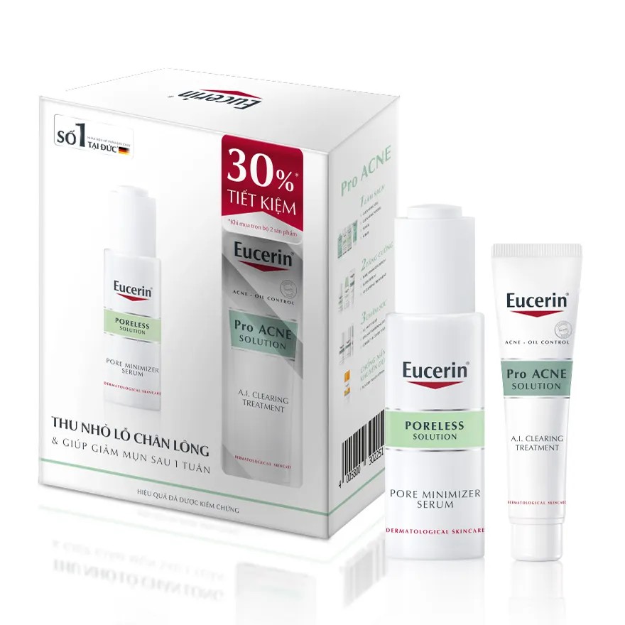 COMBO Eucerin Tinh Chất ProAcne Poreless 30ml &amp; Gel Giảm Mụn Pro Acne Solution 40ml