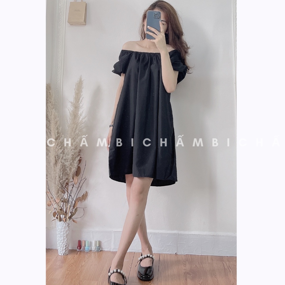 Váy kiểu Hàn Quốc V.083, Váy babydoll dáng ngắn cổ vuông tay bồng buộc nơ lưng hai màu đen hồng | BigBuy360 - bigbuy360.vn