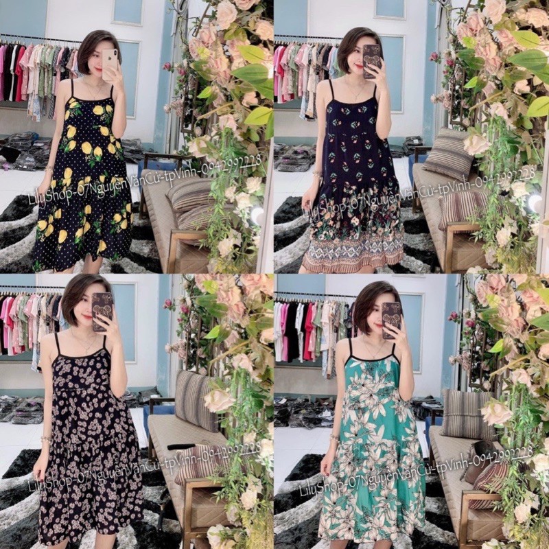 Váy lanh hoa lá 2 dây thái