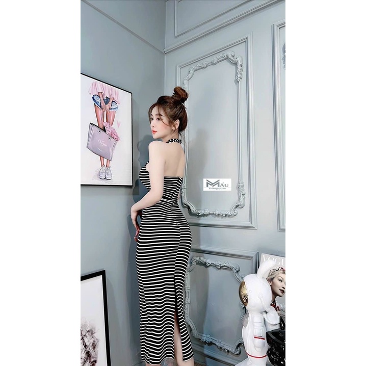 Đầm body cổ chéo chất thun gân co dãn mặc siêu tôn dáng