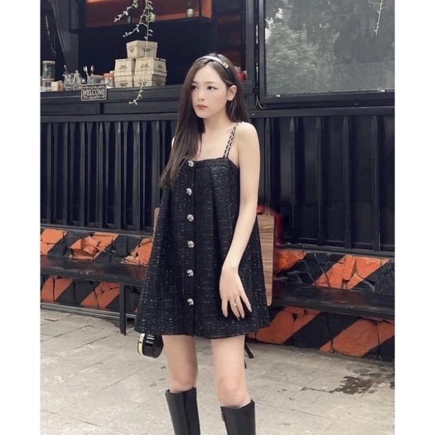 Đầm 2 dây Dạ bố dày form suông phố nút nâu viền