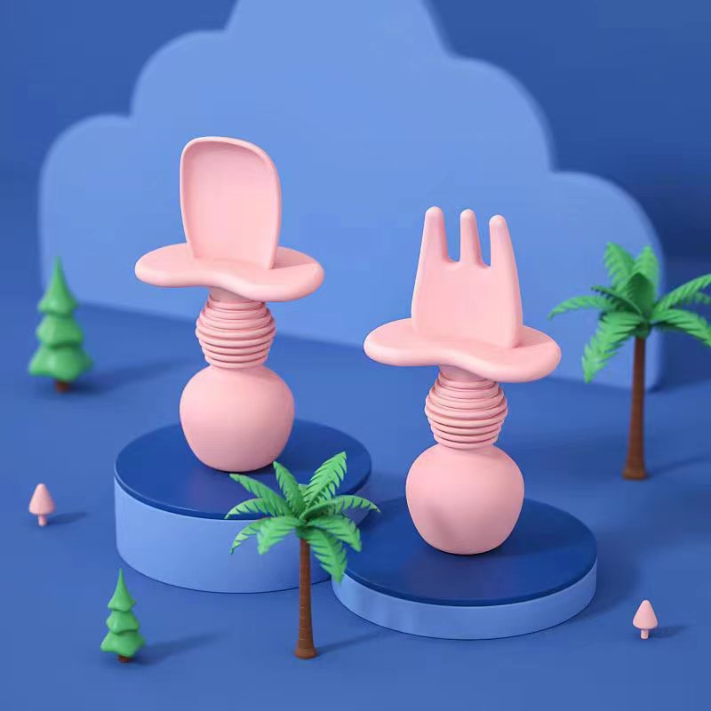 Bộ Muỗng Nĩa Bằng Silicone Mềm Tay Cầm Ngắn Dành Cho Trẻ Em