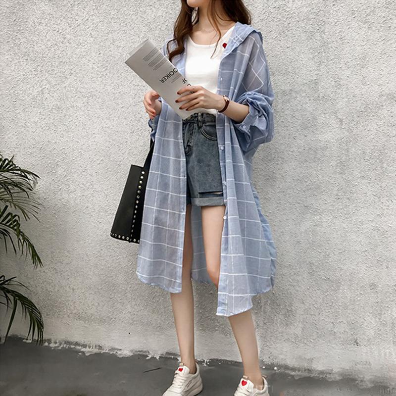 Áo Sơ Mi Tay Dài Dáng Rộng Có Mũ Trùm Đầu Chất Liệu Cotton In Họa Tiết Caro Phong Cách Hàn Quốc Thời Trang Cho Nữ