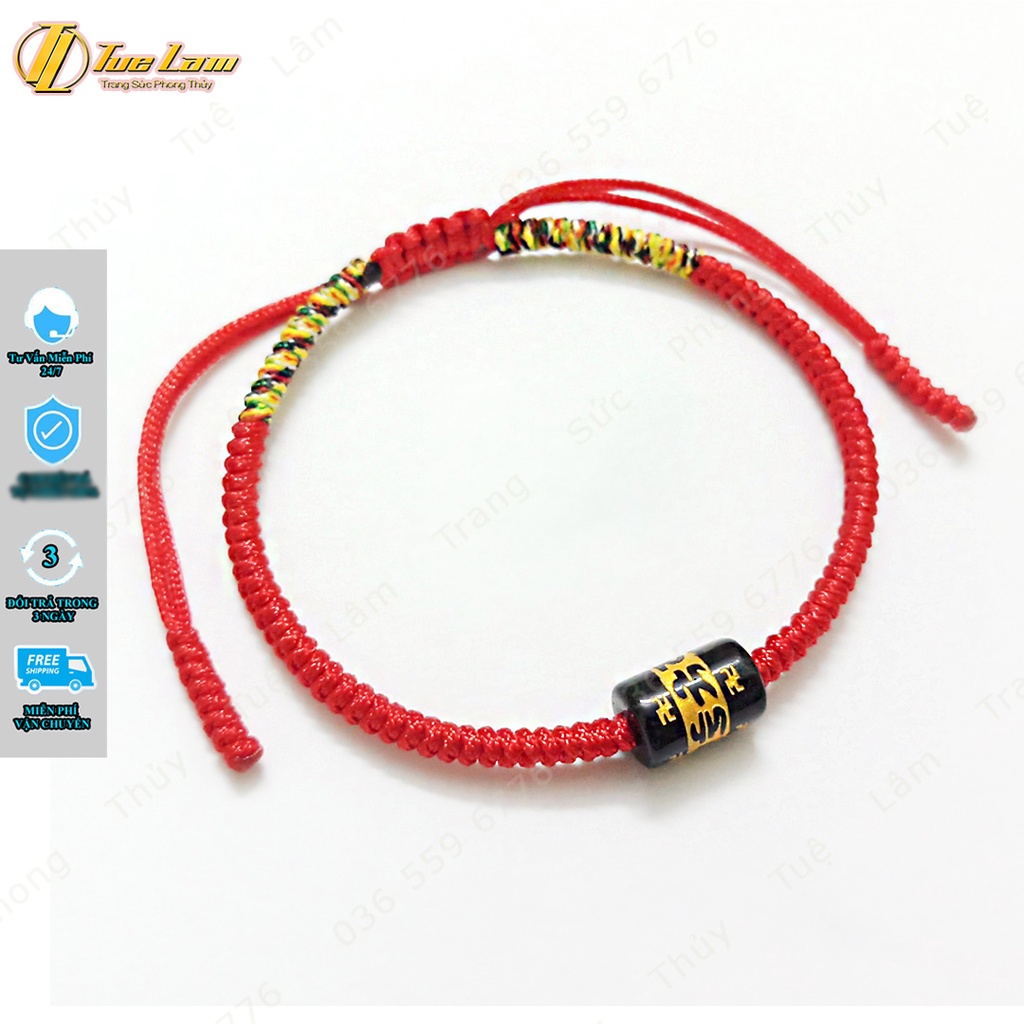 Vòng tay chỉ đỏ may mắn bện ngũ sắc hai đầu mix lu thống thach anh đen khắc chú bình an - Tuệ Lâm
