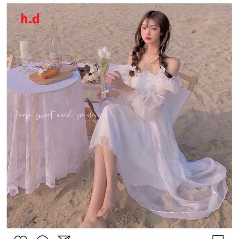 Đầm Trắng Công Chúa Tiểu Thư Tay voan Ulzzang 🏖Váy Chiffon NHÚN NGỰC Trễ Vai or Cổ Vuông | WebRaoVat - webraovat.net.vn