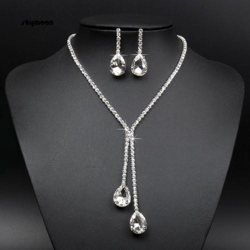 Bộ dây chuyền + bông tai hình giọt nước đính kim cương giả cho cô dâu