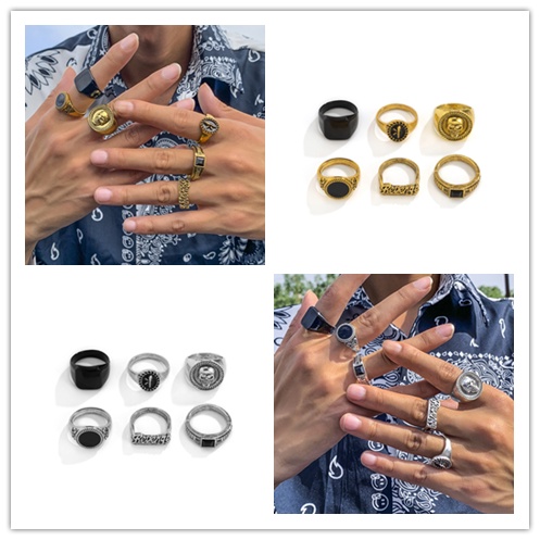 Bộ 6 Nhẫn Đính Pha Lê Họa Tiết Đầu Lâu / Trái Tim Đơn Giản Thời Trang Cho Nam Và Nữ