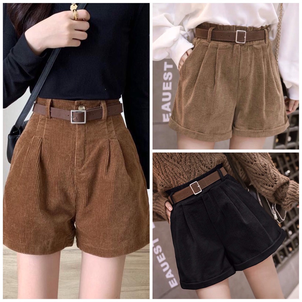 Quần shorts nữ nhung tăm kèm đai ba màu đen nâu kem đậm cạp lưng cao quần đùi nữ phong cách hàn quốc MÃ 912