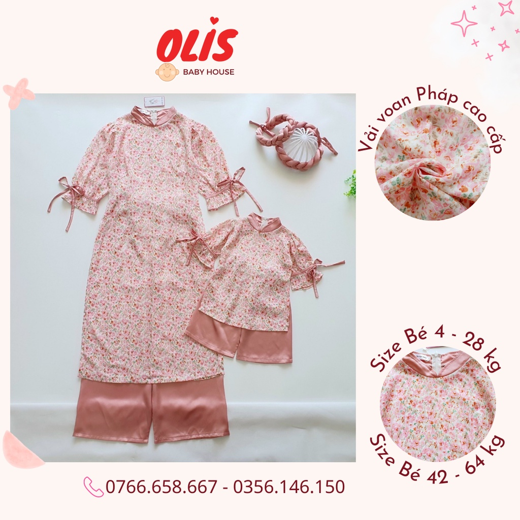 Set Áo dài cách tân cho Mẹ & Bé OLIS Baby House, áo vải voan Pháp & quần lụa cao cấp, size Bé 4-28 kg, size Mẹ 42-64 kg