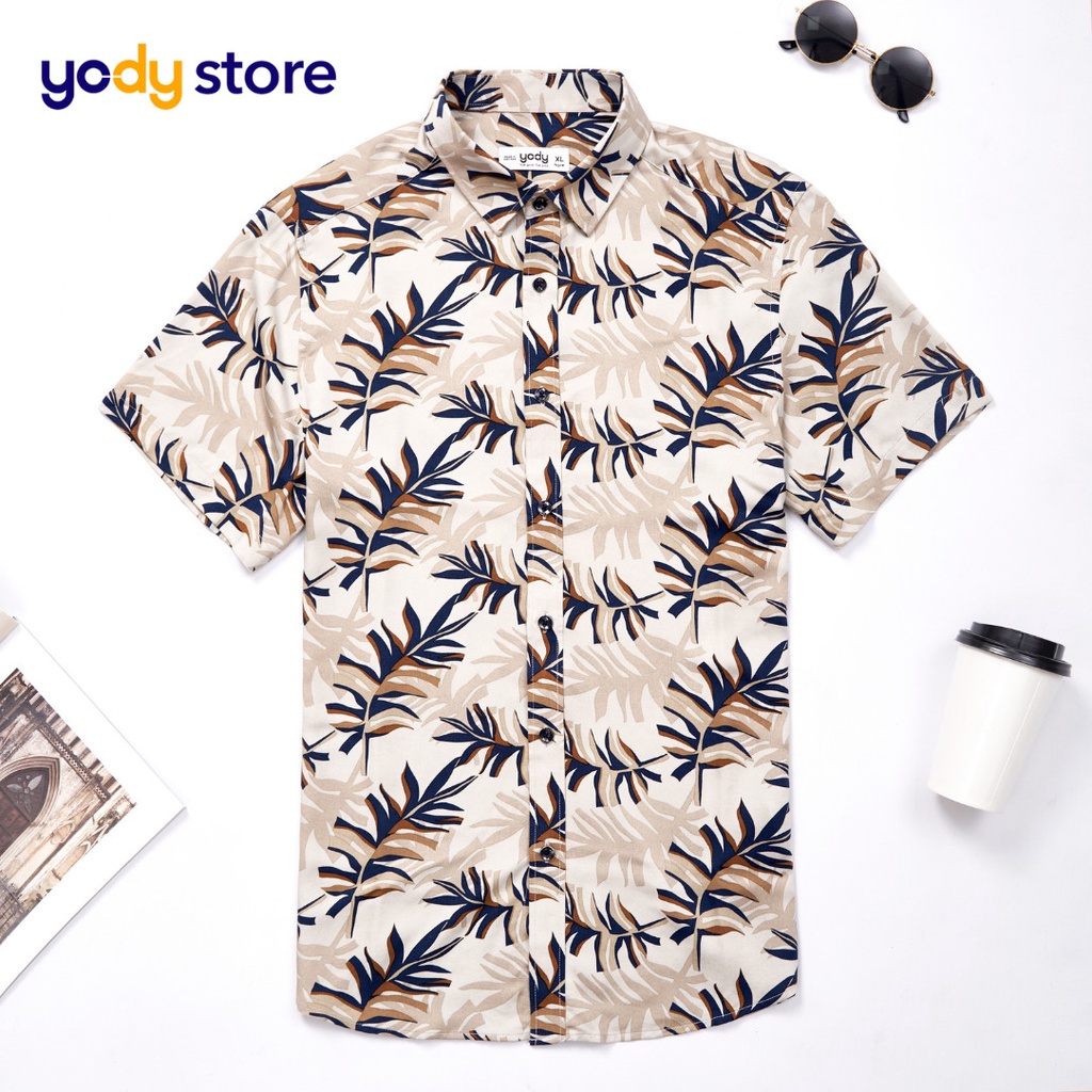 Áo sơ mi nam YODY cộc tay cổ đức có họa tiết hoa, sơ mi đi biển SCM5065