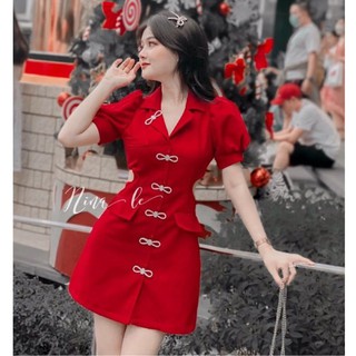 Đầm đỏ chữ a cổ vét khoét eo đính nơ