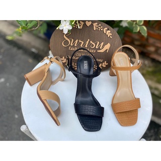 Giày gót vuông quai ngang cao 7cm si vân rắn Surisu -7212