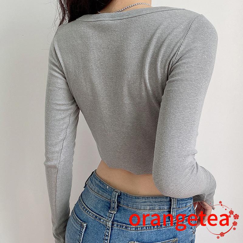 Áo croptop dệt kim tay dài cổ chữ V màu sắc thời trang dành cho nữ