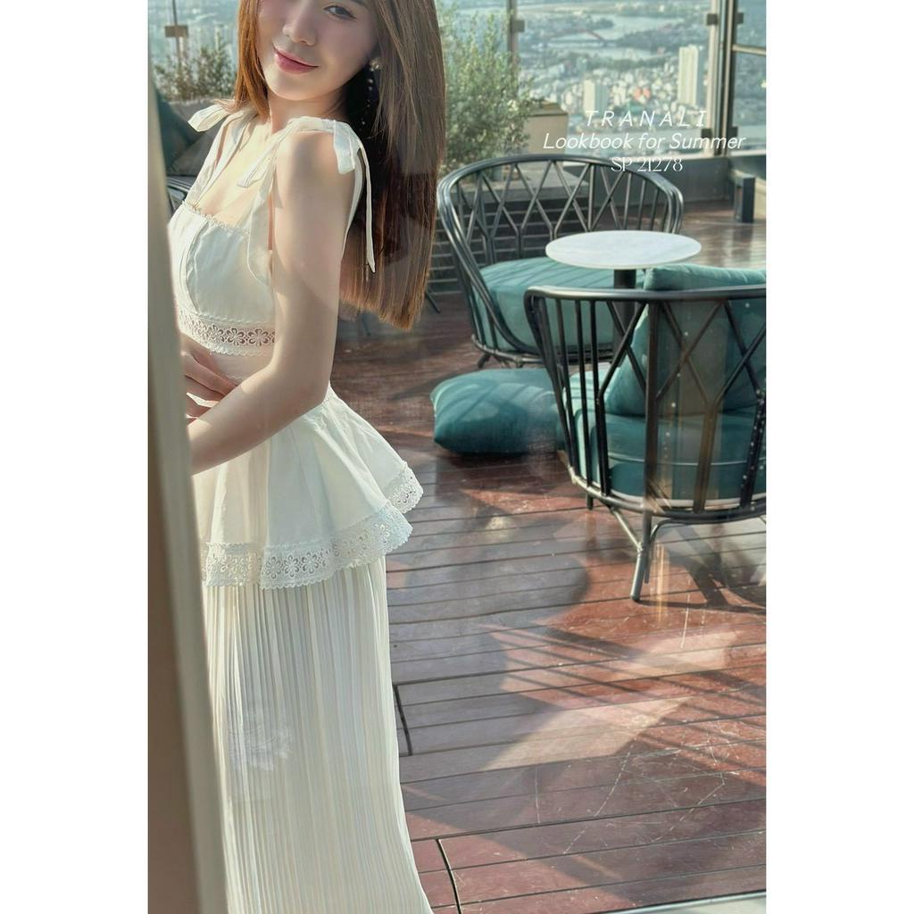 SET ÁO PEPLUM REN NƠ VAI + QUẦN DẬP LY TRẮNG SUÔNG