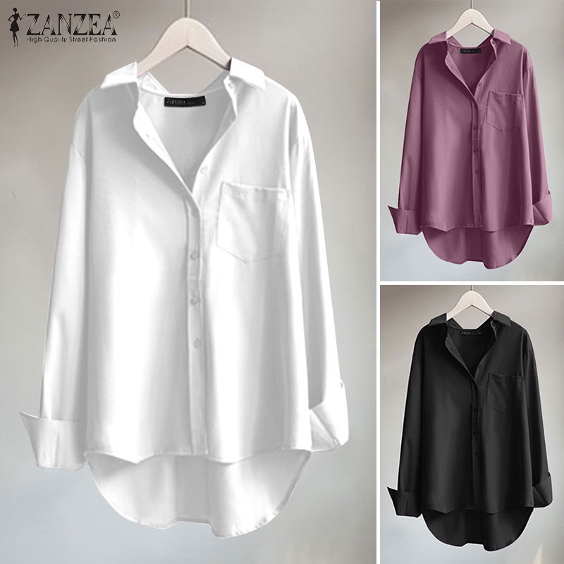 Áo Sơ Mi Dài Tay Màu Trơn Có Túi Thời Trang Nữ ZANZEA