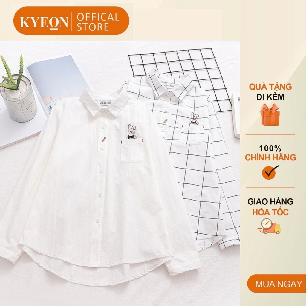 Áo sơ mi công sở nữ cổ đức thêu họa tiết thỏ và cà rốt KYEON AK559, màu trắng, kẻ, phom suông basic trẻ trung