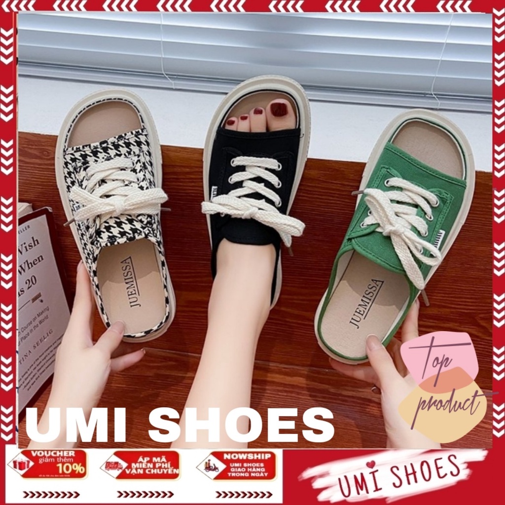 [NOWSHIP] Dép sục thể thao quai ngang vải hở mũi đế bánh mì màu đen trắng đơn giản hot mới năng động buộc dây Hàn Quốc
