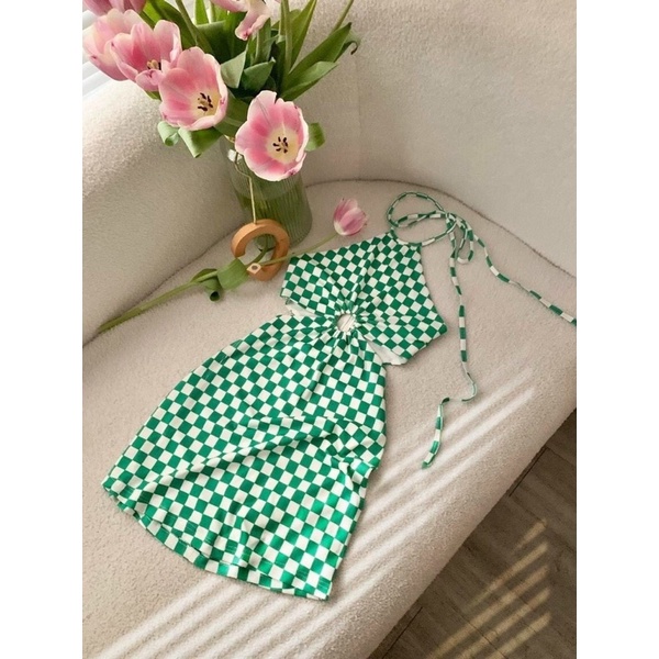 Đầm Yếm Caro Phối Khoen Phong Cách Gợi Cảm D42