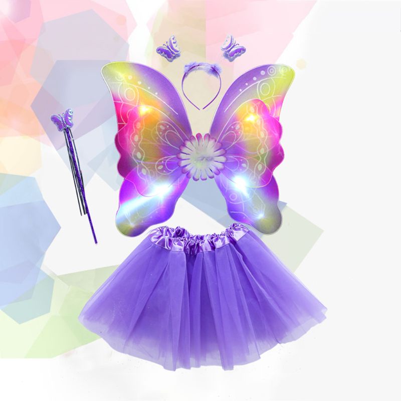 Set trang phục gắn đèn LED gồm váy tutu đôi cánh bướm đũa phép băng đô phong cách công chúa cho bé gái dùng biểu diễn