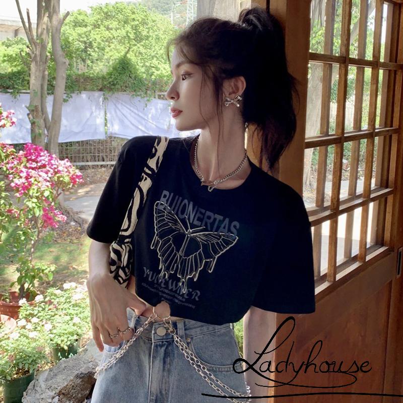 LD-Women Cropped Tops, Short Sleeve Round Collar Butterfly Letters Print Metal Chain Street Party Shirt hot girl sexy