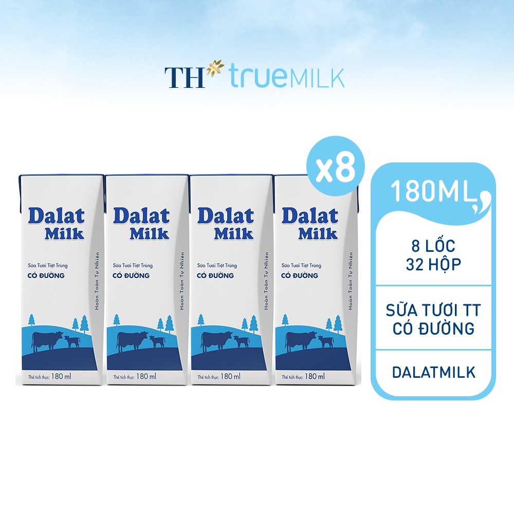 8 Lốc sữa tươi tiệt trùng có đường Dalatmilk 180ml (180ml x 4)