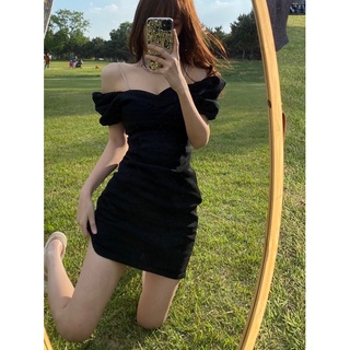 [ Order taobao] Váy trễ vai màu đen có dây lấp lánh tôn dáng ullzang