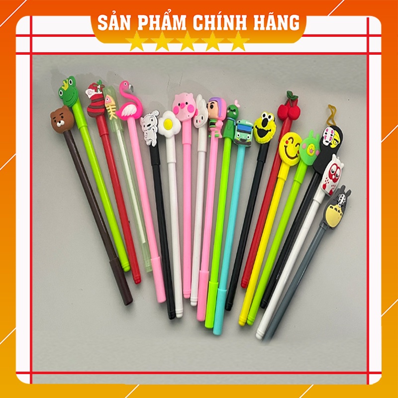 Bút bi cute dễ thương đầu có gắn sticker 🔥FREESHIP🔥 Bút nướcđen có nắp đậy