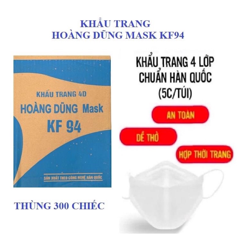 THÙNG 300 CHIẾC KHẨU TRANG KHÁNG KHUẨN HOÀNG DŨNG 4D MASK KF94 SẢN XUẤT TẠI VIỆT NAM