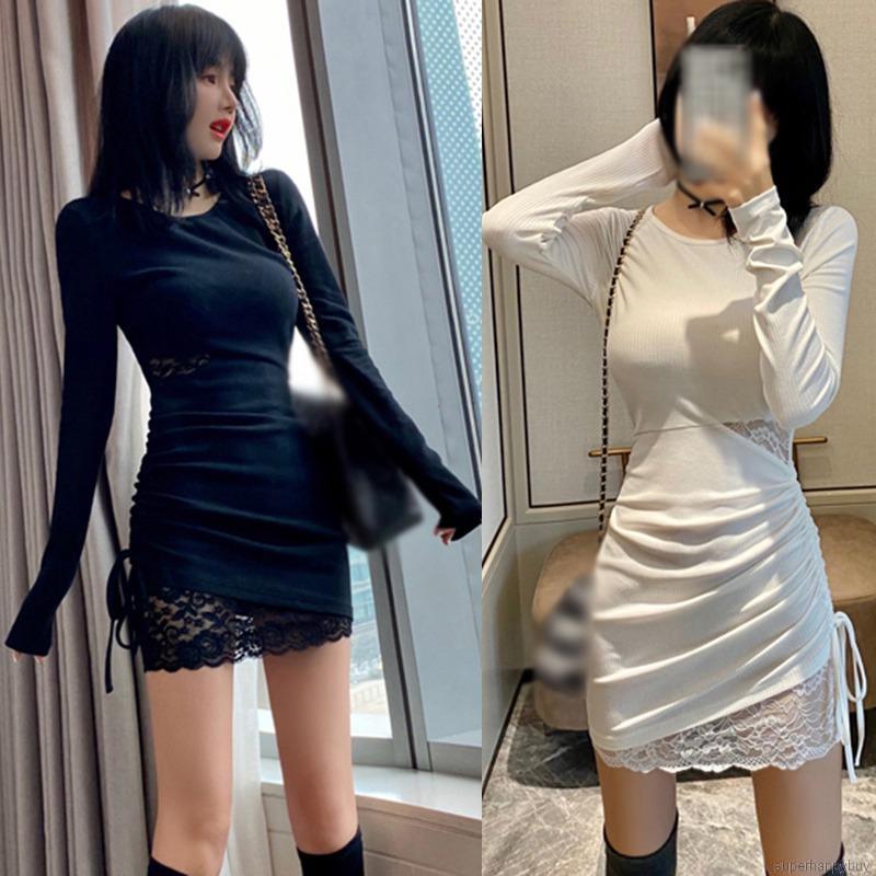 Women's Dress Sexy Lace Pleated Drawstring Slim Long Sleeved Mini Bodycon Dress