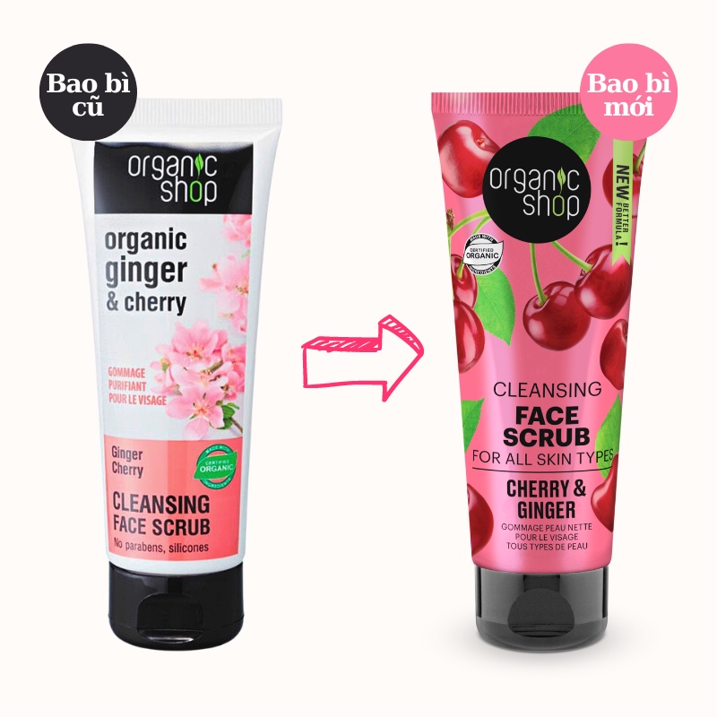 Tẩy Da Chết Cho Da Mặt Organic Shop Chiết Xuất Từ Cà Phê, Xoài &amp; Mơ, Gừng &amp; Hoa Anh Đào Bản Anh 75ml