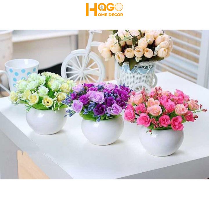 Chậu hoa giả, chậu hoa mini kích thước cao 12-15cm cm cắm sẵn nhiều mẫu hoa