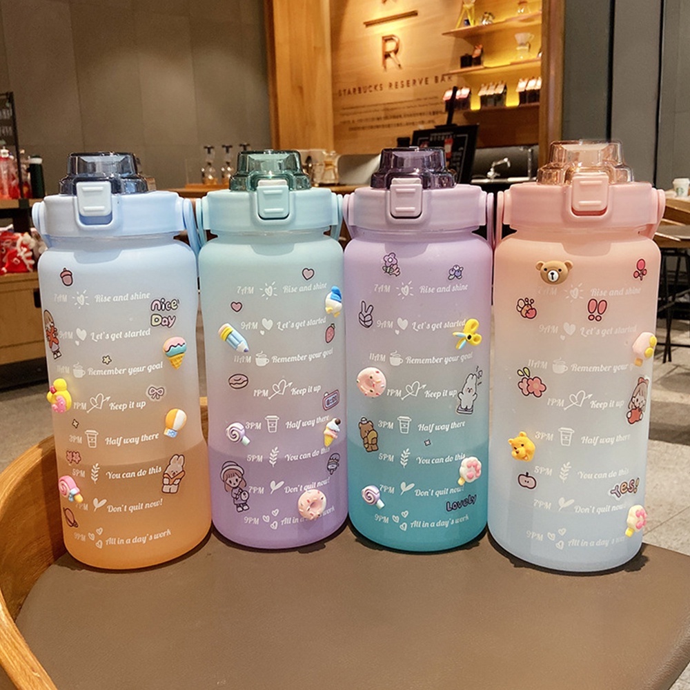 Bình Đựng Nước Thể Thao Màu Sắc Gradient Có Ống Hút Dung Tích 2000Ml dành cho người lười uống nước GSPORTS bình nước cute 2L có ống hút, vạch chia nhắc giờ