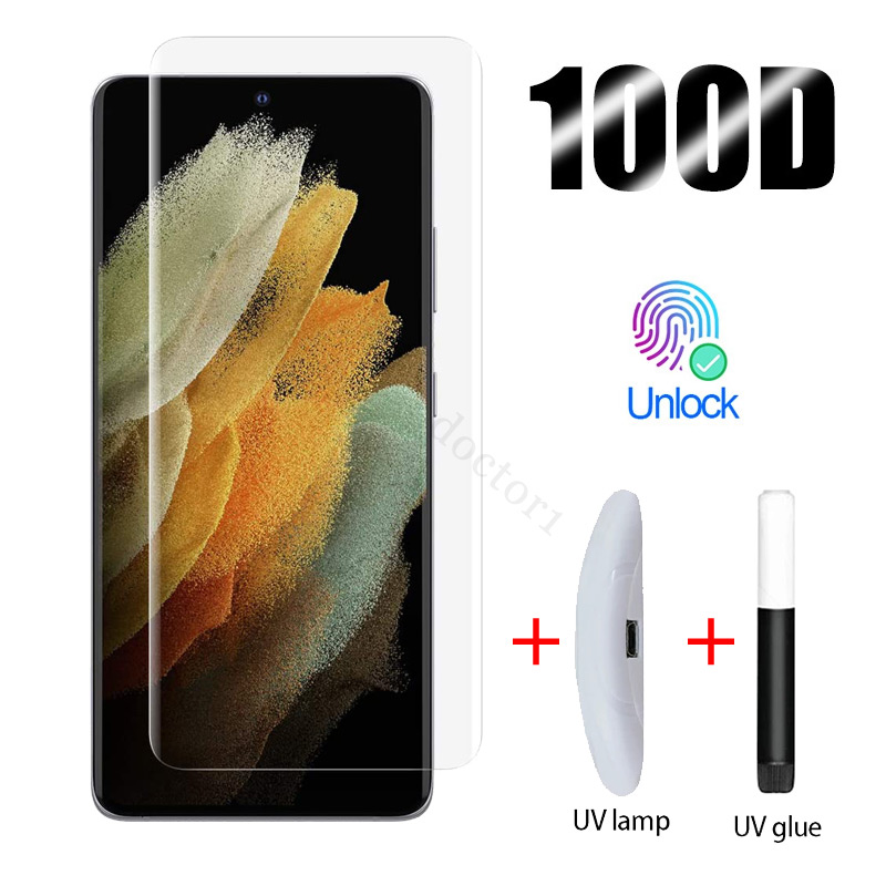 Kính cường lực toàn màn hình keo UV cho Samsung Galaxy S21 Note 20 Ultra S20 S10 S9 S8 10 9 8 Plus 5G